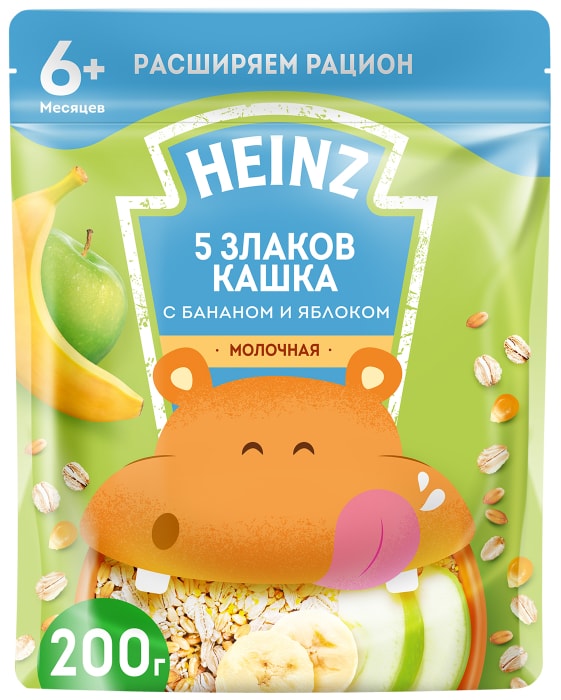 

Каша 5 злаков молочная Heinz с бананом и яблоком, с 6 месяцев, 200г