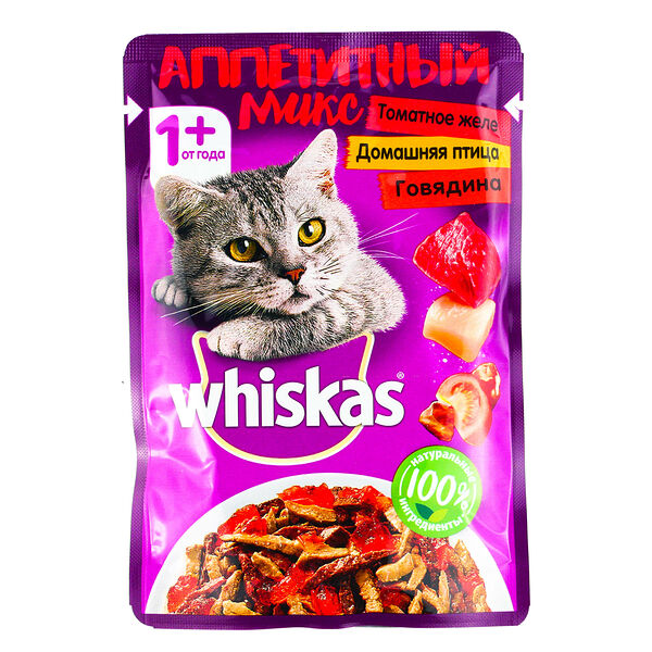 Корм для кошек Whiskas Аппетитный микс говядина-домашняя птица в томатном желе
