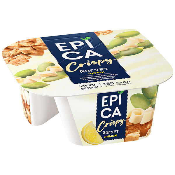 Йогурт Epica Crispy с лимоном 8,6% и смесь из семян тыквы, печенья бискотти и белого шоколада