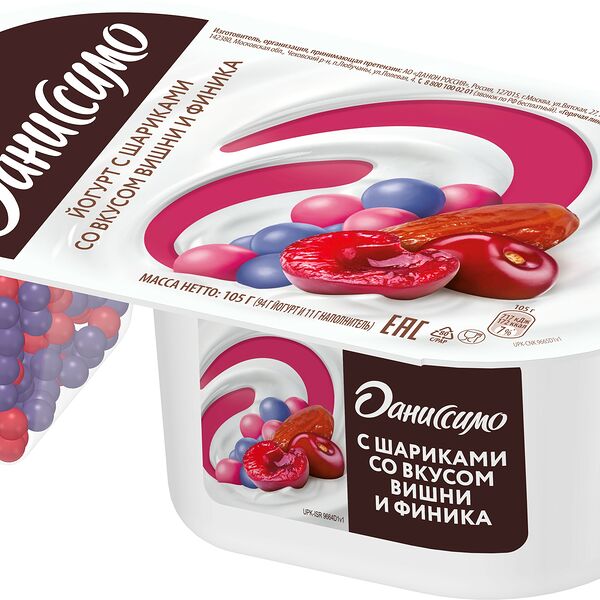 Йогурт Даниссимо Фантазия 6,9% злак шарики в белой шок глаз со вкусом вишни и финика 105г