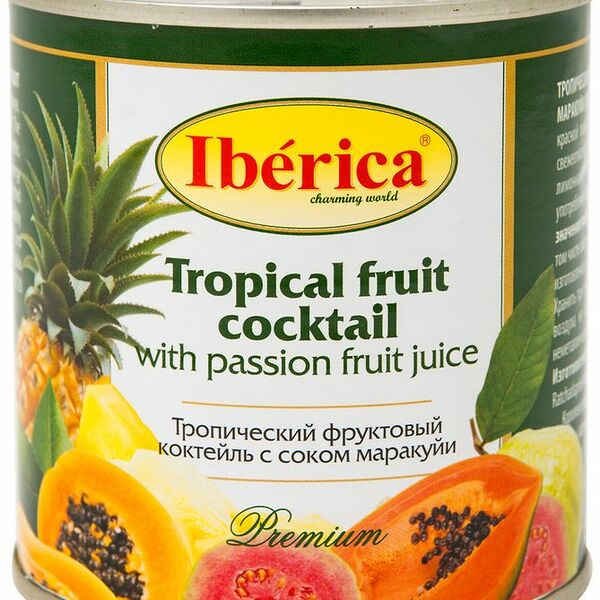 Коктейль тропический фруктовый Iberica консервированный в лёгком сиропе с соком маракуйи, 425г