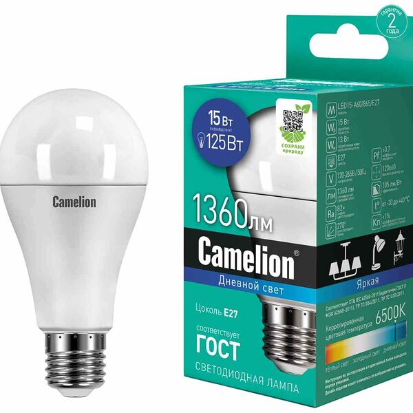 Лампа светодиодная Camelion Е27 6000К груша, 15 Вт