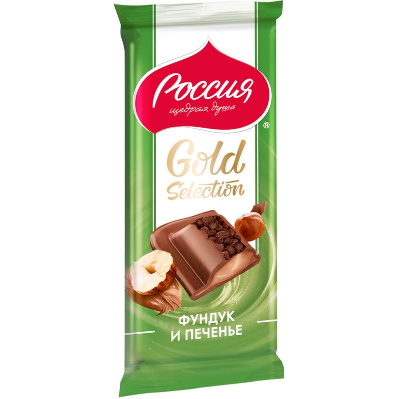 

Шоколад молочный Россия — Щедрая Душа! Gold Selection фундук и печенье 85 г