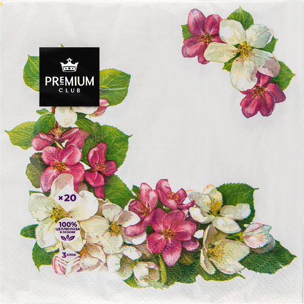 Салфетки бумажные PREMIUM CLUB Цветы Нежность 3-слоя 33х33см, 20шт
