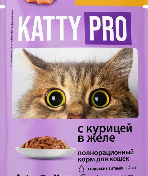 Корм Katty Pro с курицей в желе для кошек консервированный полнорационный пауч-пакет 85г