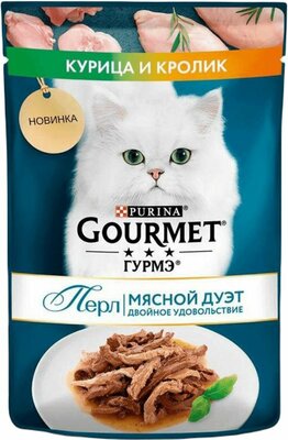 Gourmet Perle пауч для кошек "Мясной дуэт" (кусочки в соусе) Курица и кролик