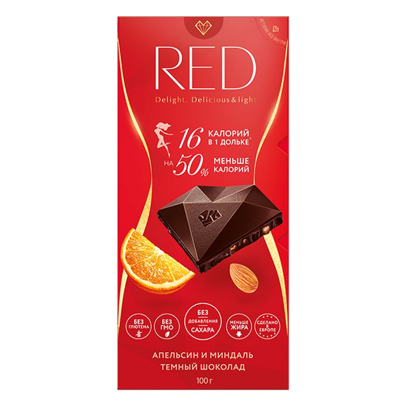 

Шоколад темный RED Апельсин и миндаль без сахара 44% 100 г