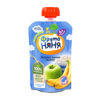 Пюре ФрутоНяня из яблок и бананов с творогом с 6 месяцев, 90г