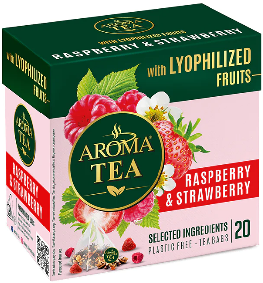 Чай фруктовый аромат Aroma tea с кусочками малины,клубники и доб черного чая 40г пакет