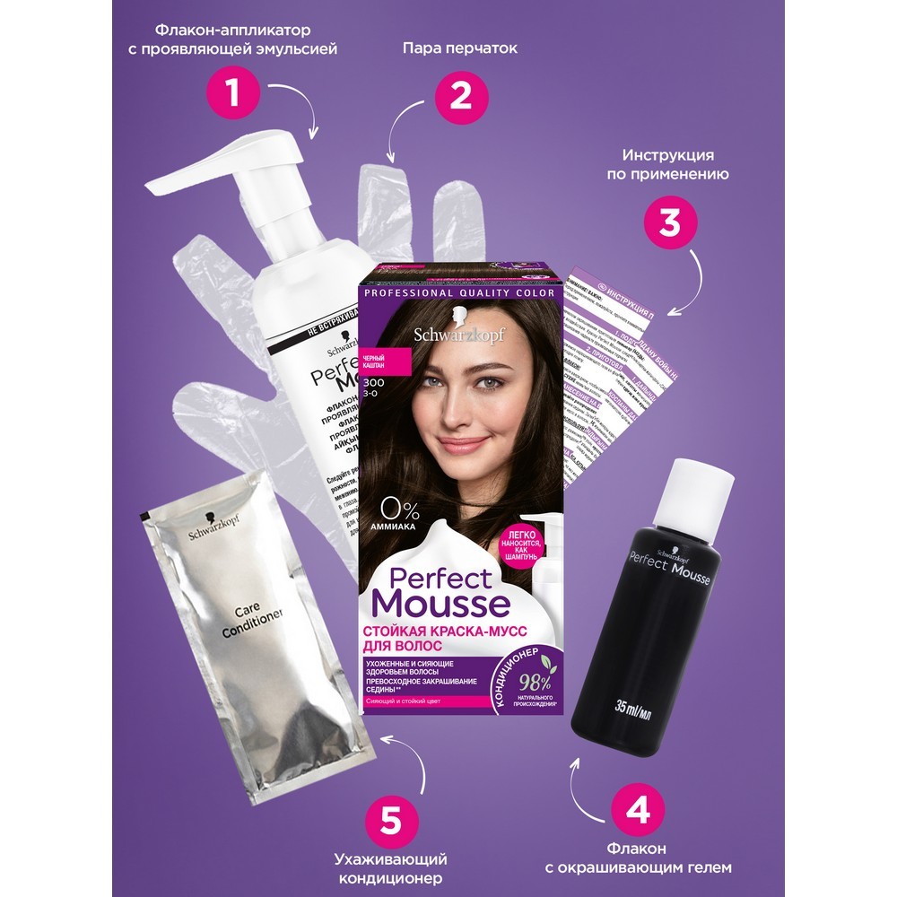 

Краска-мусс для волос Schwarzkopf Perfect Mousse 300 Черный каштан 92.5 мл