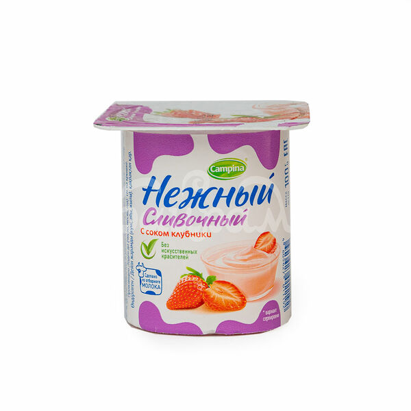 Продукт йогуртный Нежный 5% 100гр Сливочный с Соком клубники пл/ст