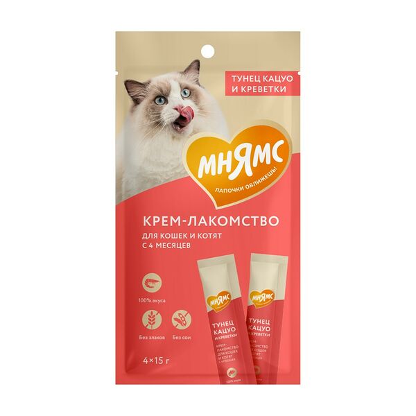 Крем-лакомство для кошек Мнямс с тунцом Кацуо и креветками 15г*4шт