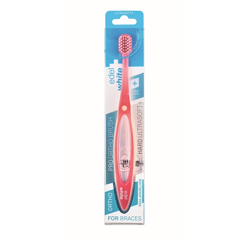 

Зубная щетка edel+white Pro ortho Hard Ultrasoft+ (жесткая ультрамягкая+), с защитным колпачком, в ассортименте