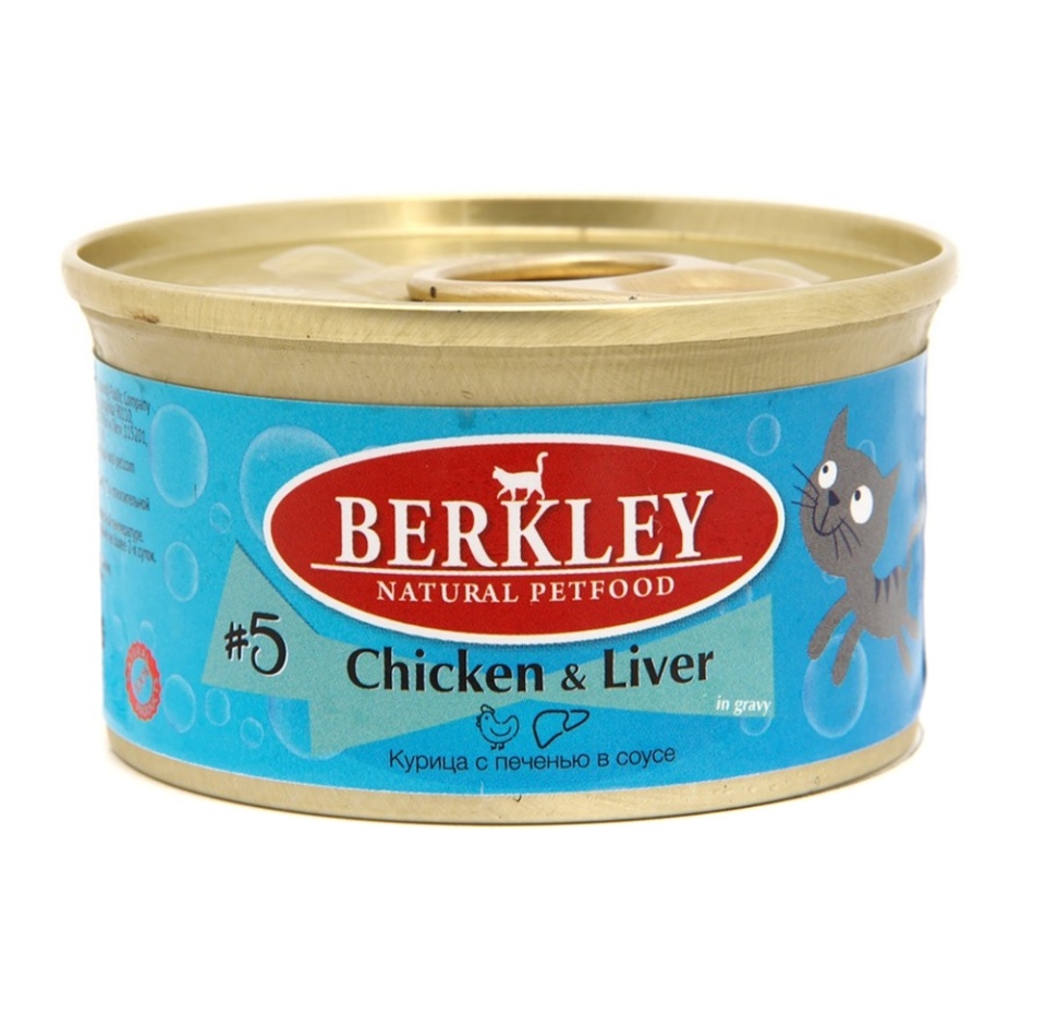 

Корм для кошек Berkley №5 Курица с печенью в соусе банка, 85 г