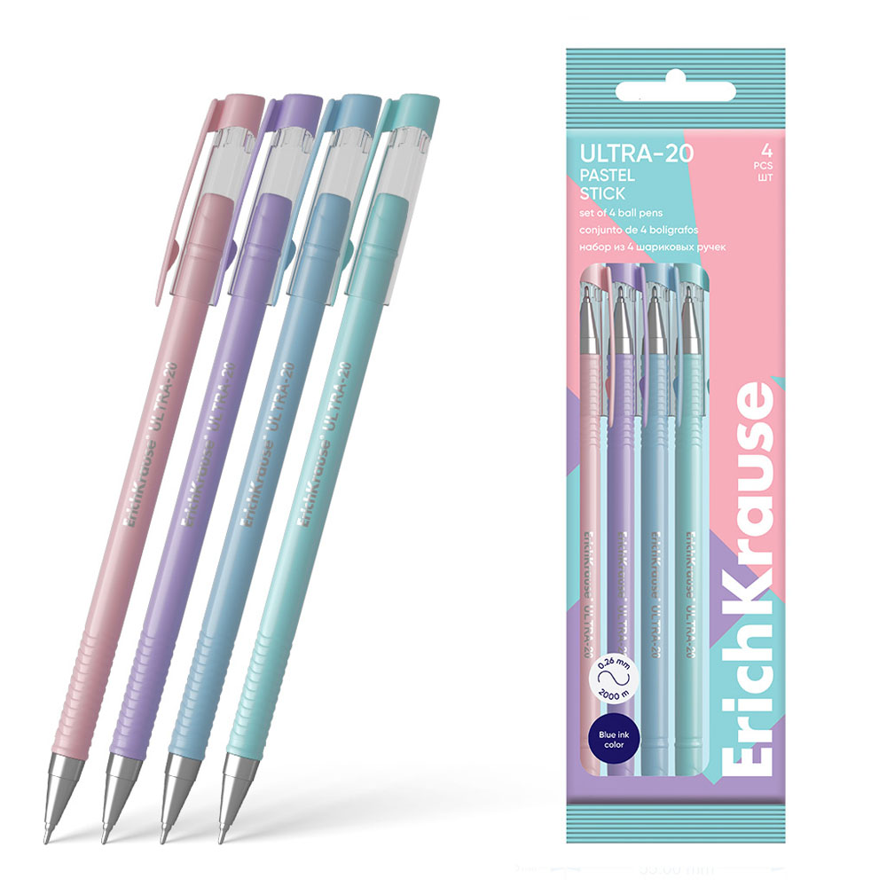 

Набор шариковых ручек Erich Krause Ultra-20 Stick Pastel цвет чернил синий, 4 шт