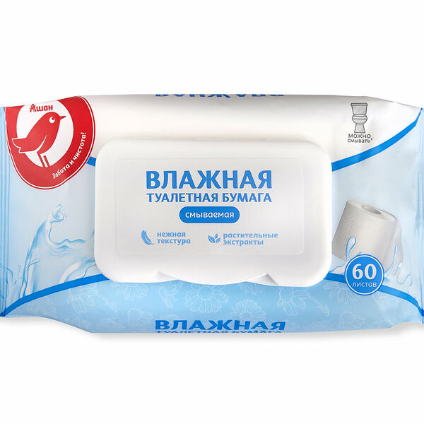 Влажная туалетная бумага АШАН Красная птица, 60 шт