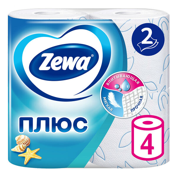 Туалетная бумага Zewa Плюс Свежесть океана, 2 слоя, 4 рулона