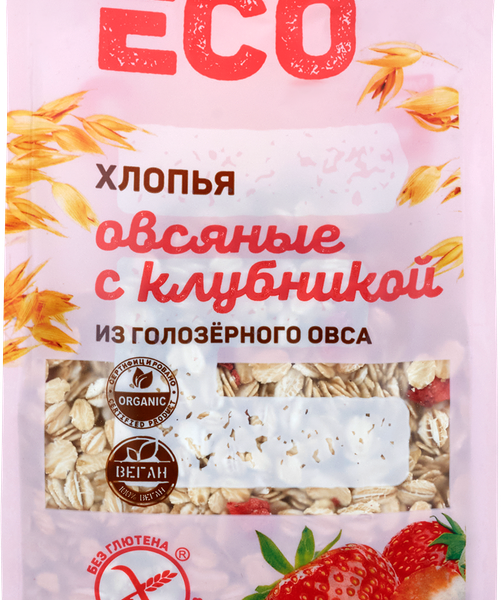 Хлопья овсяные безглютеновые ЛЕНТА ECO с клубникой, из голозерного овса