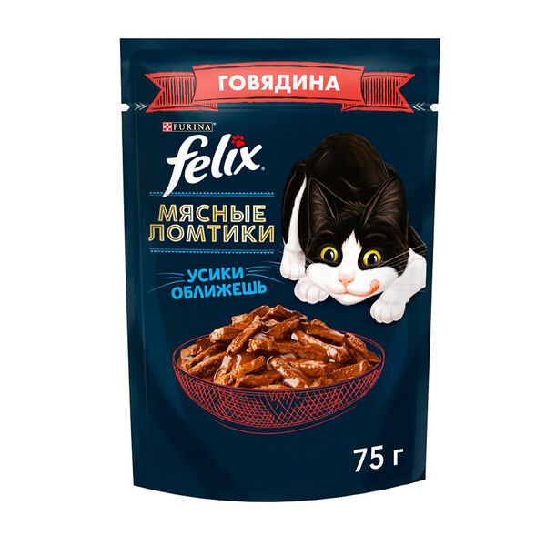 FELIX Мясные Ломтики. Корм консервированный полнорационный для взрослых кошек, с говядиной, Пауч, 75г