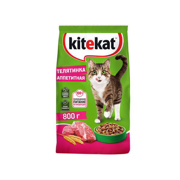 Сухой полнорационный корм KITEKAT™ для взрослых кошек «Телятинка Аппетитная», 800г