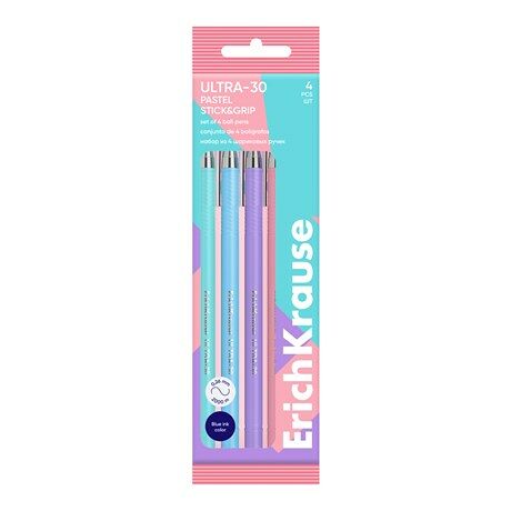 Набор шариковых ручек Erich Krause Ultra-30 Stick&Grip Pastel цвет чернил синий, 4 шт