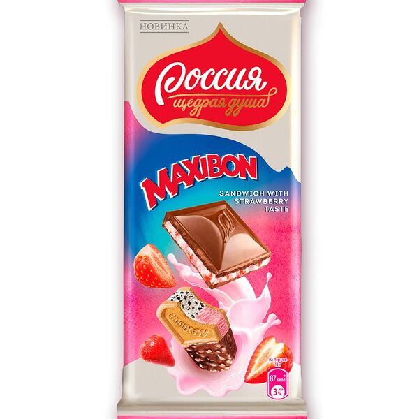 Шоколад молочный Россия - Щедрая душа! Maxibon со вкусом Клубники и печеньем