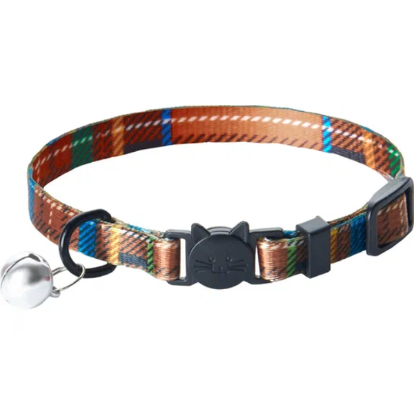 Ошейник для кошек ZOO ONE  Шотландка  с безопасной пряжкой, бубенчиком коричневый 10мм 18х28см
