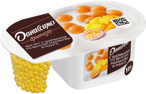 Йогурт Даниссимо Фантазия со вкусом маракуйя и манго с хрустящими шариками, 6.9% 105 г
