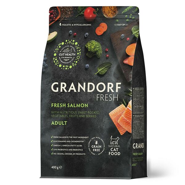 Сухой Беззерновой корм Grandorf Fresh с живыми пробиотиками, для взрослых кошек, для здоровья кожи и шерсти или склонных к аллергии, со свежим филе лосося и бататом 400 г