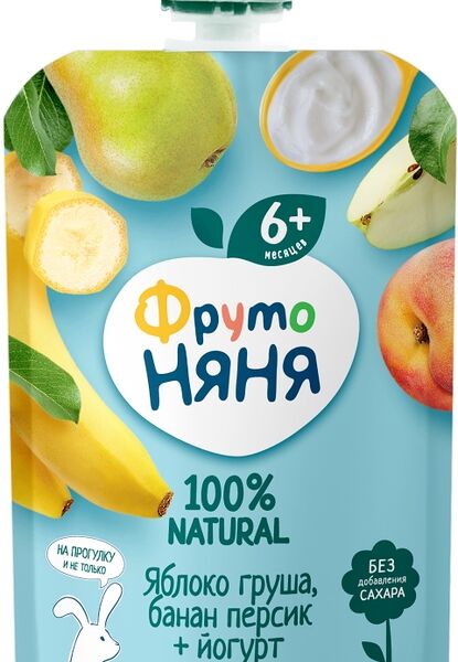 Пюре ФрутоНяня Яблоко Груша Банан Персик с йогуртом с 6 месяцев 90г