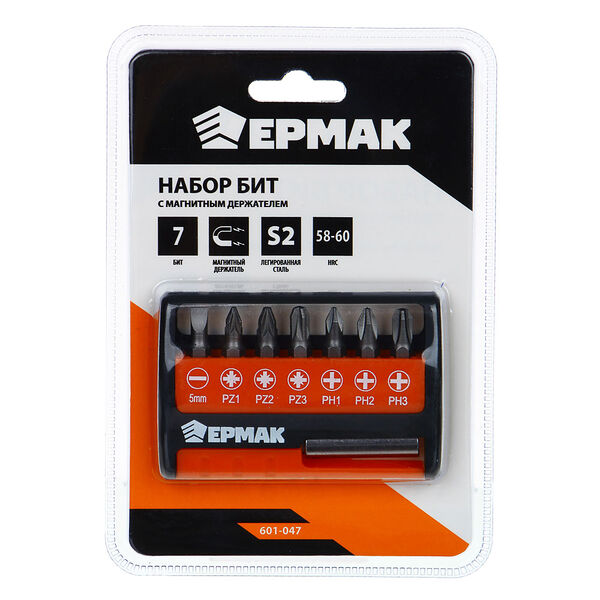 Биты для шуруповерта Ермак с магнитным держателем удобный кейс 25 мм 8 шт