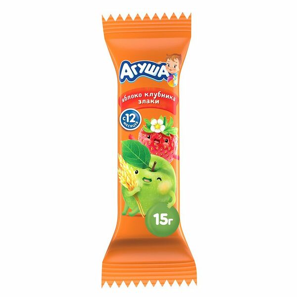 Батончик фруктовый Агуша Яблоко,клубника,хлопья, 15г