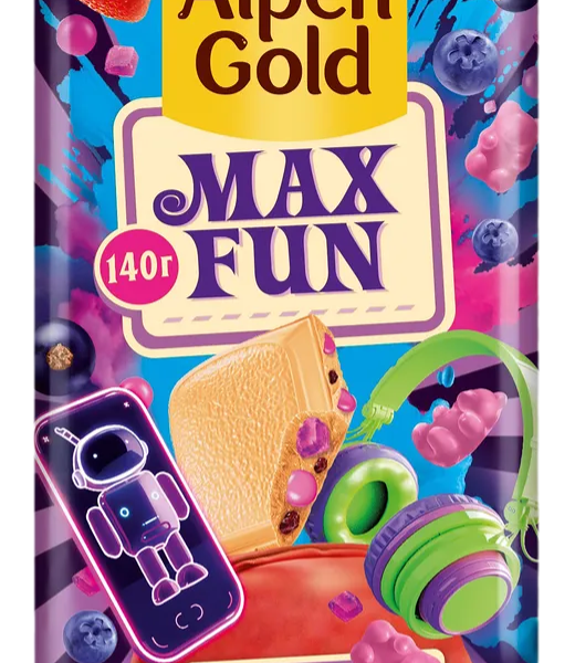 Шоколад молочный Alpen Gold Max Fun Ягодный микс-взрывная карамель-мармелад-шипучие шарики, 140 г