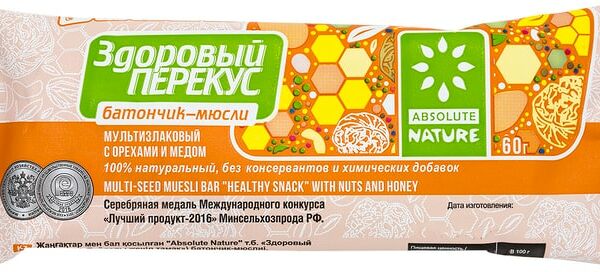Батончик мюсли Здоровый Перекус с орехами и медом 60г