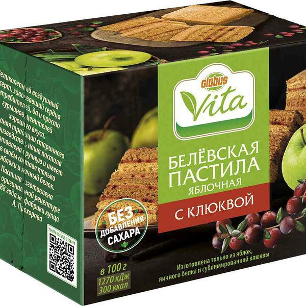 Белёвская пастила яблочная Глобус Вита с клюквой без добавления сахара