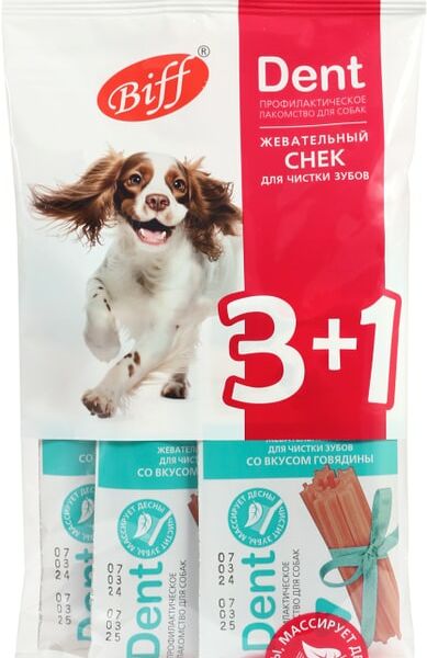 Лакомство для собак Biff Dent Жевательный снек для мелких собак со вкусом говядины 3+1