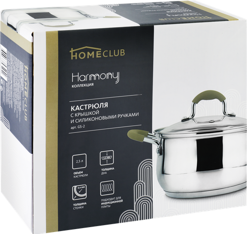 

Кастрюля HOMECLUB Harmony, с крышкой, силиконовые ручки, нержавеющая сталь, 3.5л Арт. GS-3