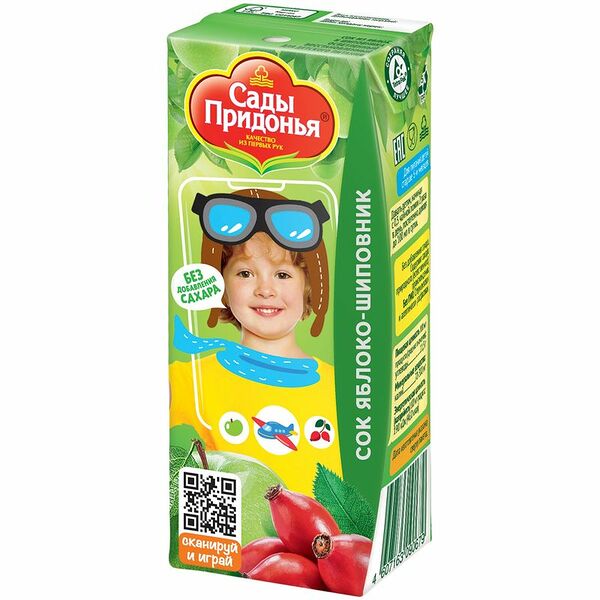 Сок Сады Придонья яблоко-шиповник без сахара восстановленный, 200мл