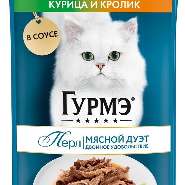 Влажный корм Гурмэ Перл Мясной Дуэт для взрослых кошек, со вкусом кролик и курица, нежное филе в соусе, 75 г
