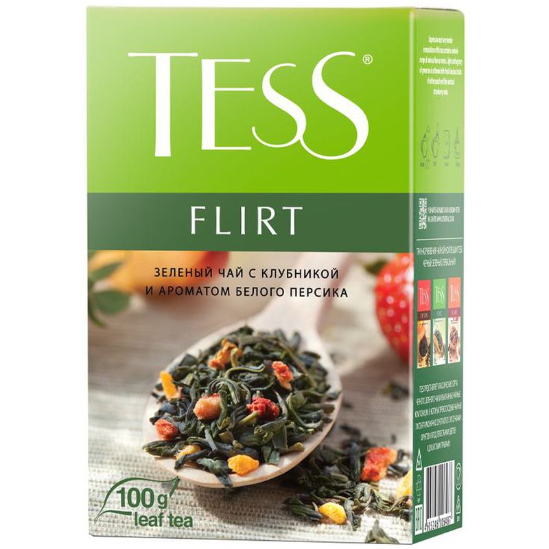 

Чай зелёный Tess Flirt с клубникой и ароматом белого персика, 100 г