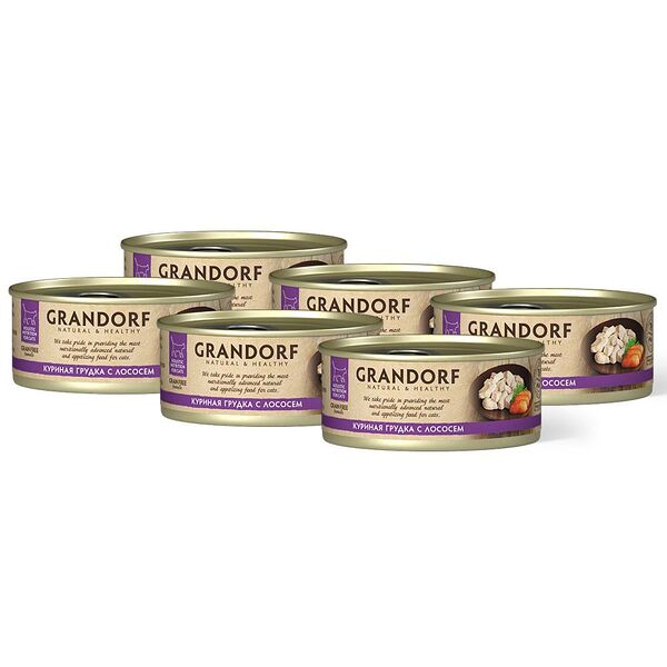 Корм для кошек GRANDORF Куриная грудка с лососем банка 70г (упаковка - 6 шт)