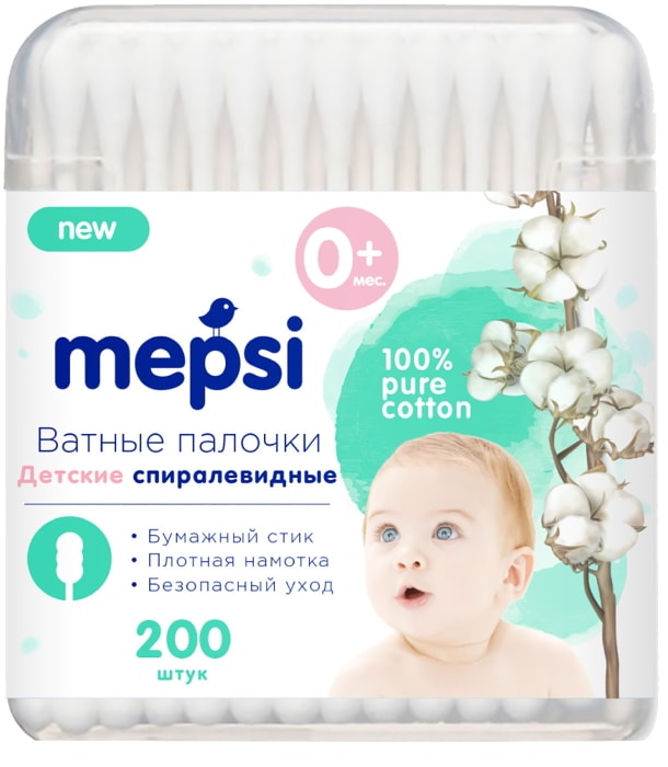 

Ватные палочки Mepsi спиралевидные детские 200 шт