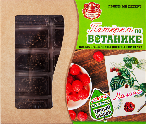 

Конфеты КФ Новгородская Пятерка по ботанике полезный десерт с малиной и семенами чиа 190 г