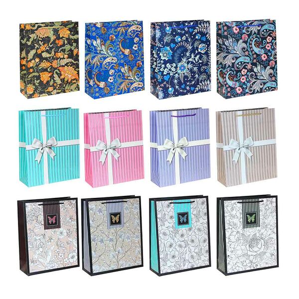 Пакет подарочный, высококачеств.бумага, глиттер, тиснение фольгой, 26х32х10см, 12 дизайнов, арт.1