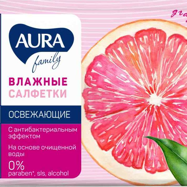 Влажные салфетки антибактериальные Aura Family освежающие, 63 шт.
