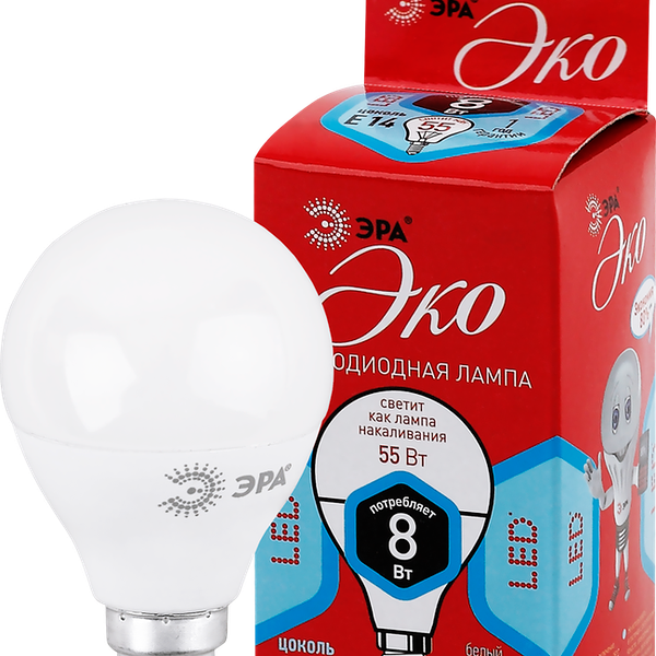 Лампа светодиодная ЭРА Эко 8Вт E14, холодный свет, шар