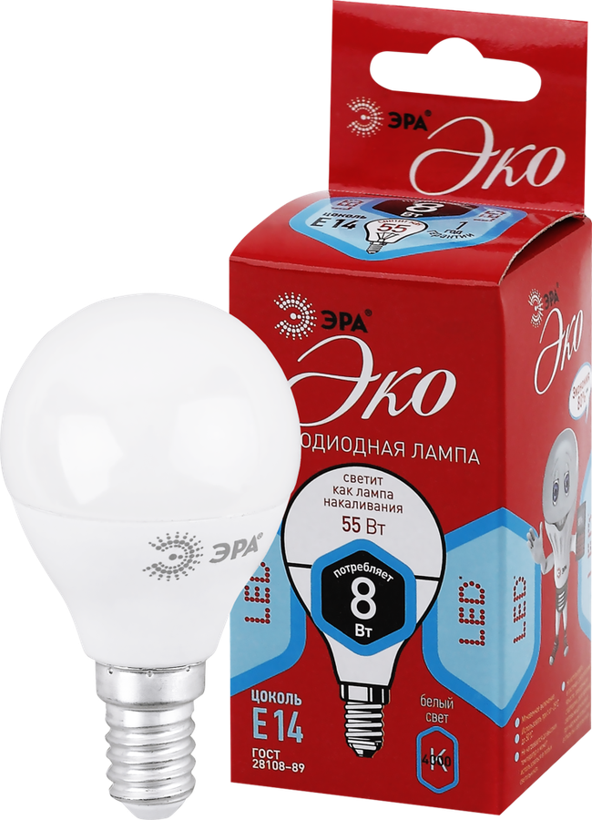 

Лампа светодиодная Эра Эко 8Вт E14, холодный свет, шар