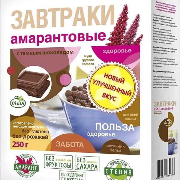 Готовый завтрак амарантовый ДИ ЭНД ДИ с темным шоколадом, со стевией