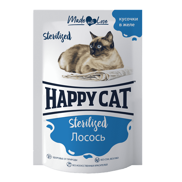 Корм для кошек HAPPY CAT Sterilised лосось кусочки в желе пауч 85г (упаковка - 24 шт)