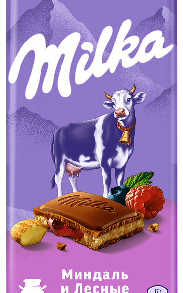 Шоколад молочный MILKA с двухслойной начинкой: миндаль и лесные ягоды